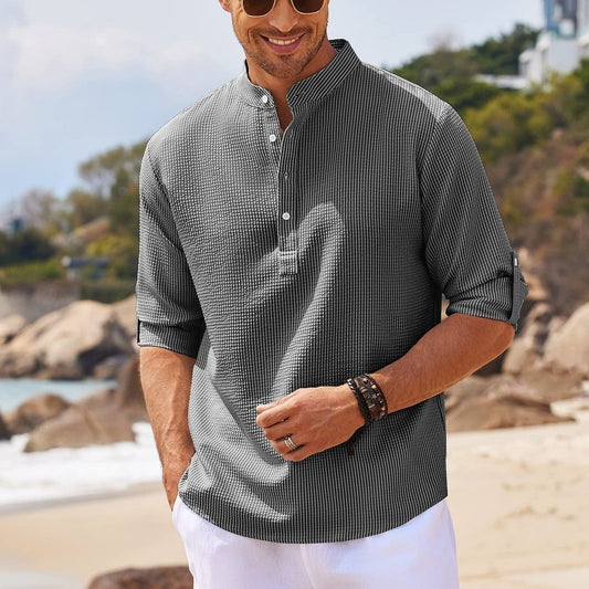 Chemise Homme Décontractée à Manches Longues – Col Mao Élégant | Look Classique & Moderne